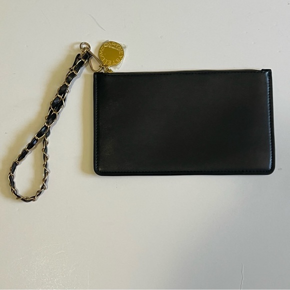 Stella McCartney NWOT Black Logo Zip Pouch Wristlet Gold Medallion Clutch